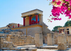 The legendary Minoan Palace of Knossos surrounded by vibrant Mediterranean blooms.